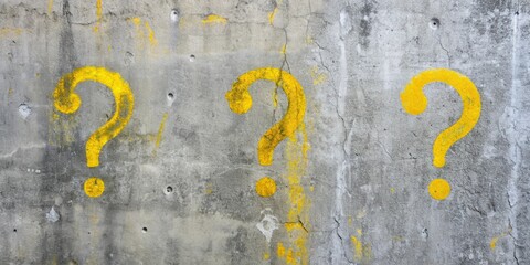 Abstract yellow question marks on a gray concrete wall with subtle cracks and texture, urban landscape, yellow question mark