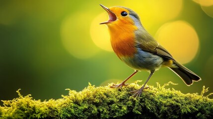 Obraz premium Robin singing on a mossy branch. animal high-resolution photography
