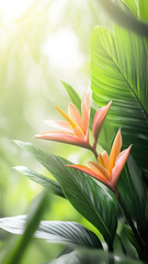 Fototapeta premium Tropical flowers with vibrant orange petals and lush green leaves in soft sunlight