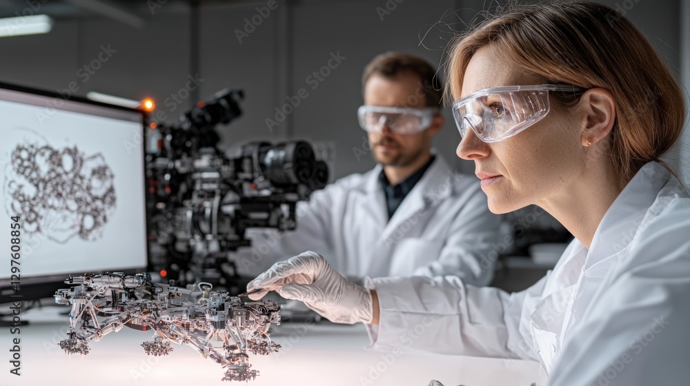 Aufkleber engineers building futuristic robot advanced technology lab