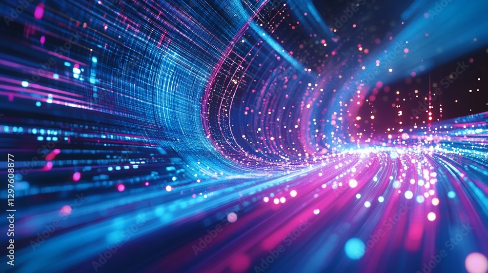 Poster abstract digital data stream tunnel with light trails and particles effect in blue and pink hues