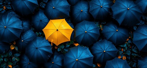 Yellow umbrella stands out among blue, rainy day