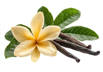 Beautiful yellow flower with green leaves and vanilla pods against a clean white background for botanical, aromatic, and culinary themes