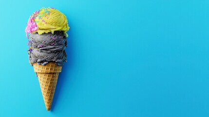 Melting Ice Cream Cone on Blue Background  Summer Treat  Sweet Dessert  Colorful Scoops  W