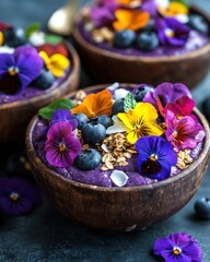 Vibrant Bowls of Smoothie Topped with Edible Flowers and Fresh Berries on Rustic Surface