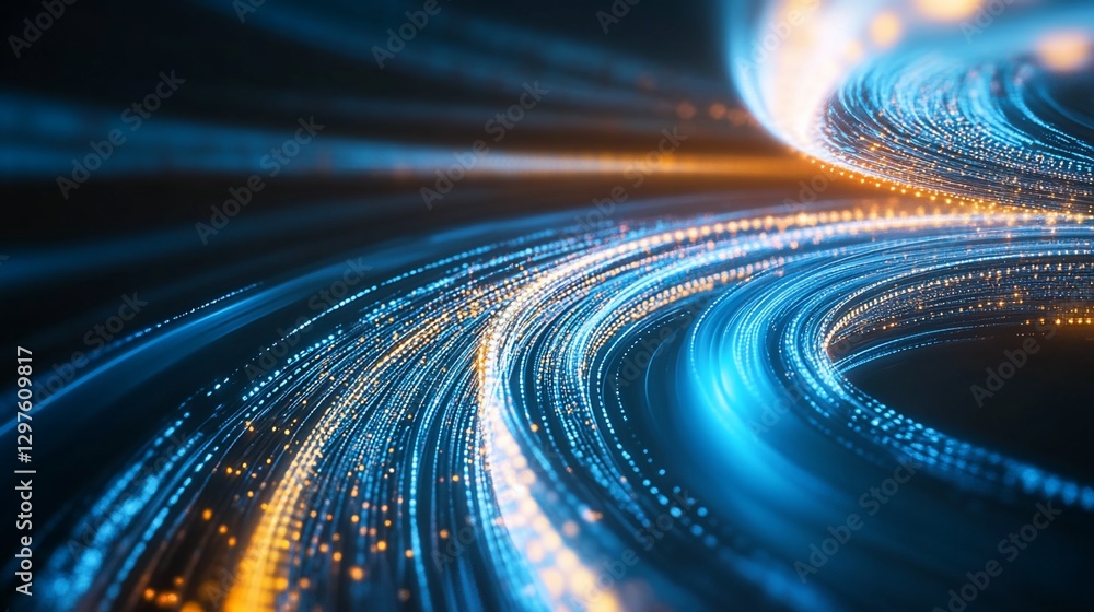 Poster abstract digital lines with blue and orange luminous dots flowing in curved shapes on dark backgroun