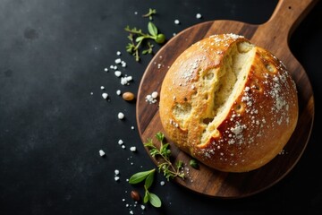 Artisan Round Loaf of Bread with Herbs and Sea Salt on Wooden Board