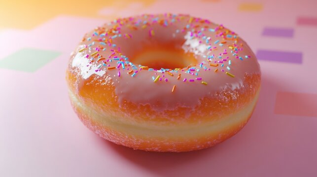 Delicious glazed donut with colorful sprinkles on pink background