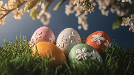 Pastel Easter Eggs in Grass with Blossoms  Spring Holiday