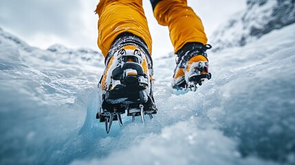Someone is traversing a glacier in specialized mountaineering equipment