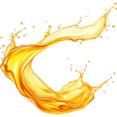 A vivid golden liquid splash captured in motion as a smooth stream pours into it, creating a dynamic and fluid shape. The bright color and realistic droplets emphasize energy and freshness.