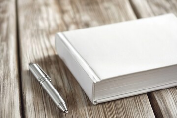 Naklejka premium White Notebook And Silver Pen On Wooden Surface