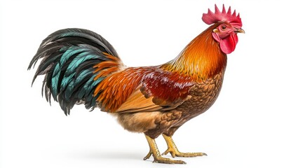 Rooster, brown and red plumage, detailed profile view against white background. Vivid colors, sharp details, studio shot