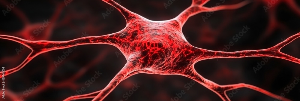 Poster microscopic view of a neuron, exhibiting a detailed red and black color scheme. the image showcases 