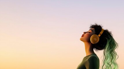 Fototapeta premium Serene Woman Listening to Music AI Generated Sunset Portrait