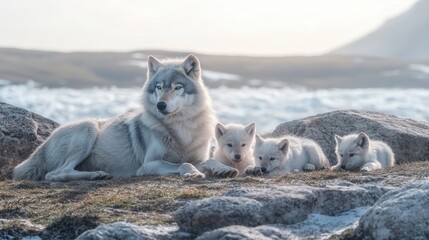 Obraz premium Arctic Wolf Family Tundra Landscape Wildlife Photography