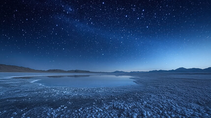 Fototapeta premium On winter nights, the ice and snow on the lake surface are illuminated by the starry sky and Milky Way