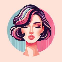 A stunning woman with long, flowing straight hair, designed in a smooth, flat illustration style