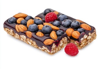 Two delicious granola bars topped with blueberries, raspberries, and almonds, drizzled with a dark glaze, isolated on a white background. One bar is