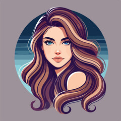 A beautiful woman with long, flowing straight hair, designed in a smooth, flat illustration style