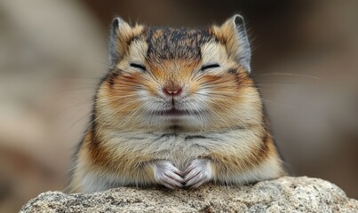 Cute Chipmunk Sitting on a Rock with a Peaceful Expression in a Natural Outdoor Setting