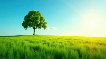 Serene Landscape Featuring a Single Deciduous Tree in a Verdant Meadow Under a Bright Sunny Sky