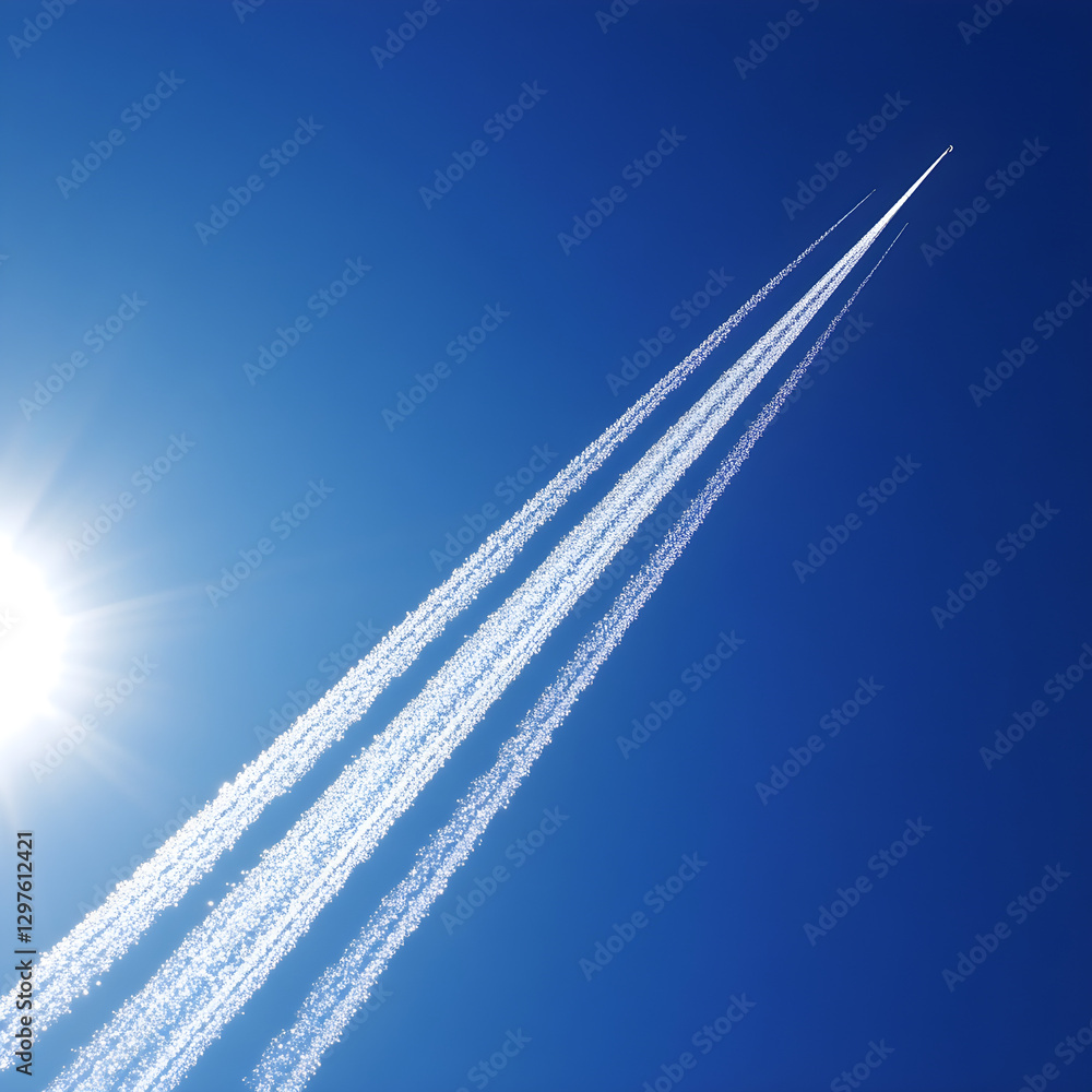 Poster rocket trails creating patterns in a bright blue sky