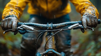 Obraz premium A muddy mountain bike rider gripping handlebars on a trail