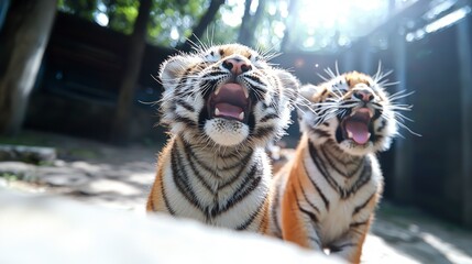 Fototapeta premium Adorable Yawning Tiger Cubs in Sunny Habitat