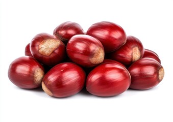 Obraz premium Pile of dark red chestnuts with slightly rough texture, isolated on a white background. Close up view