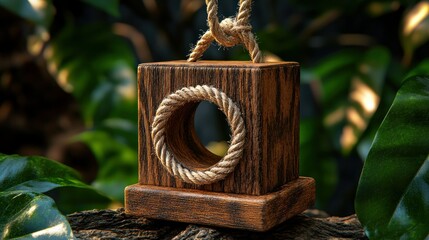 Rustic wooden block with rope detail against lush green foliage in a natural setting