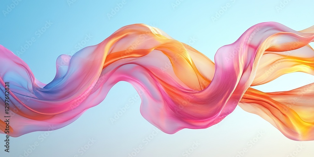 Poster a computer generated image of a wave of pink and orange fabric on a blue and white background with a
