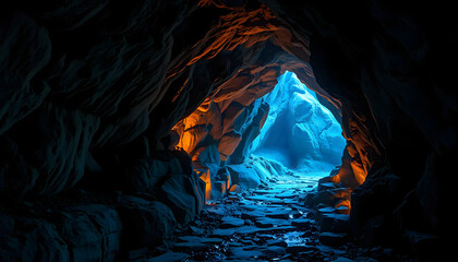 A breathtaking cave illuminated by contrasting warm and cool lights, creating a dramatic, cinematic scene