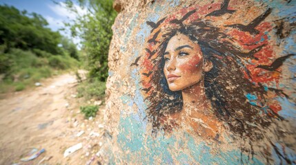 Vibrant Mural  Woman with Birds  Artistic Expression  Street Art  Nature