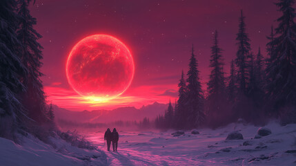 Fototapeta premium Surreal Winter Landscape with a Majestic Alien Planet and Vibrant Sunset Sky 