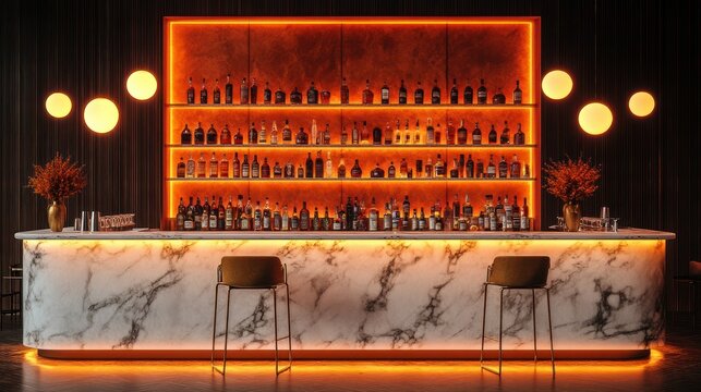 Modern bar with orange lighting and marble countertop