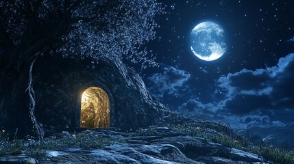 Fototapeta premium Mystical Moonlight Glowing Entrance to a Cave at Night