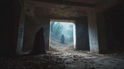 Mysterious Figures in Dark Ruined Building  Eerie Shadowy Figures