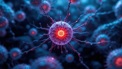 Close Up of Luminous Cell with Dendrites on Dark Blue Background