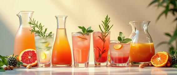 Fototapeta premium Refreshing summer drinks and cocktails in colorful glasses