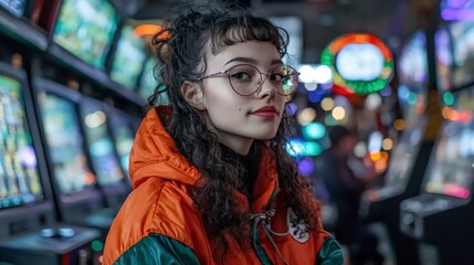 Obraz premium Young Woman in Neon Jacket at Arcade Bright Lights Gaming Fun
