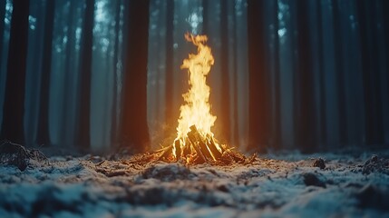 Campfire in snowy, dark forest