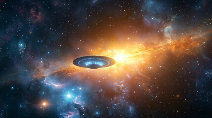 UFO flying through a glowing galaxy with cosmic dust and distant stars in deep space