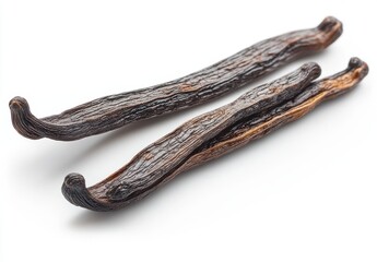 Close-Up of Two Dried Vanilla Pods on a White Background Highlighting Their Unique Texture and Rich Dark Brown Color, Perfect for Culinary Uses