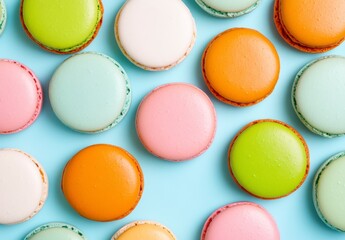 Obraz premium Colorful pastel macarons arranged on a light blue background. Top view of sweet, delicious almond meringue cookies