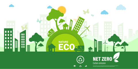 Fototapeta premium Net zero ecology concept of green life with natural environment city, tree, renewable energy sustainability, recycling