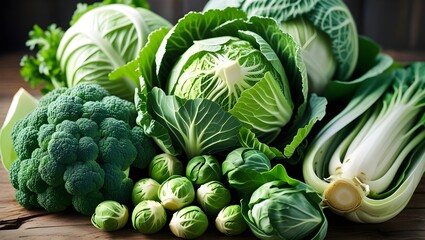 A stunning, photorealistic, high-definition close-up of fresh cruciferous vegetables. The composition showcases a vibrant mix of green broccoli florets, tightly packed cabbage, baby Brussels sprouts, 