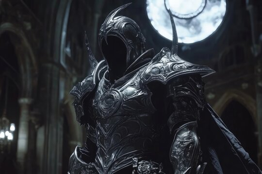 An anonymous figure wearing elaborate ornate armor stands darkly