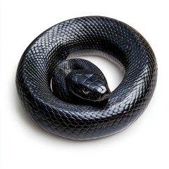 Fototapeta premium Close up view of a coiled black snake on a white background. The snake's scales are visible, and its head is slightly raised