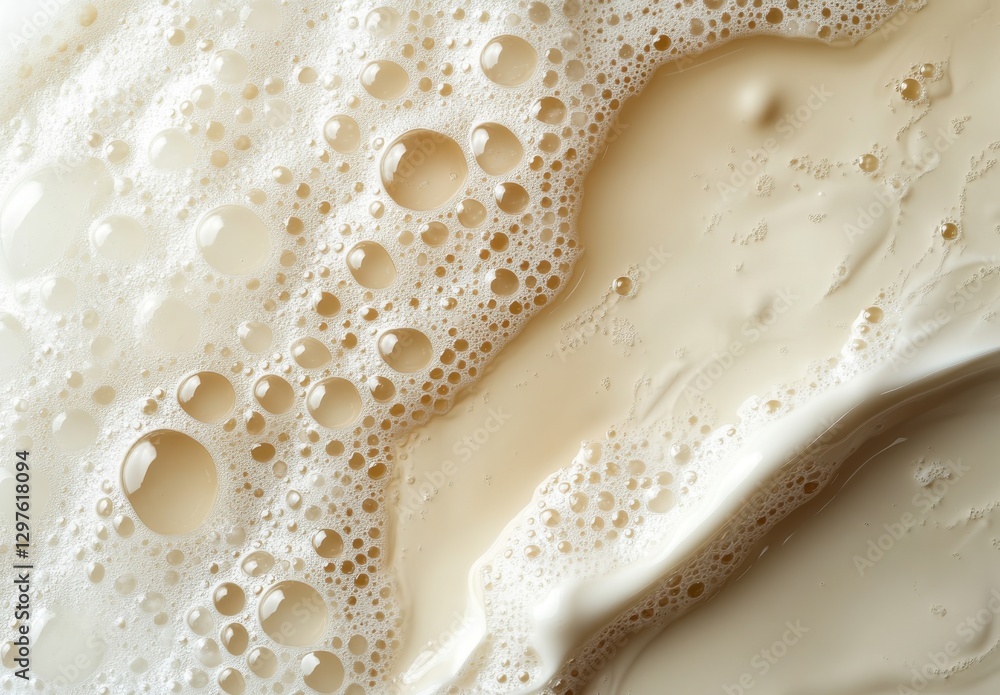 Poster close-up view of creamy liquid texture with bubbles and foam on a smooth surface for food and bevera